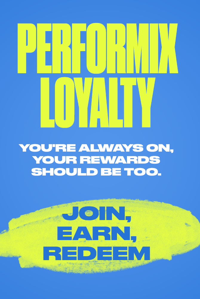 Blue background and bold yellow text about the PERFORMIX loyalty program